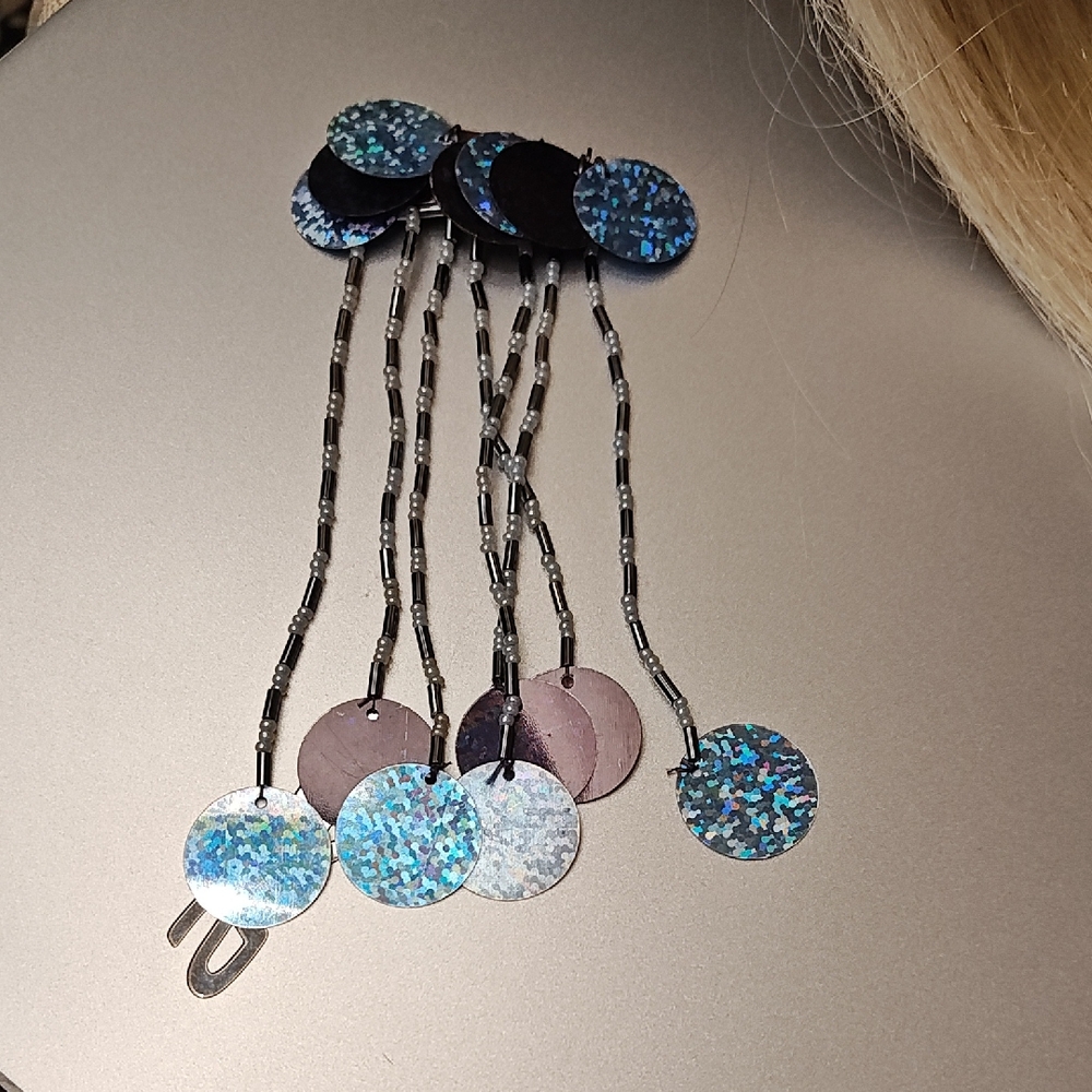 Blue Holographic Disc Beaded Dangle Earrings